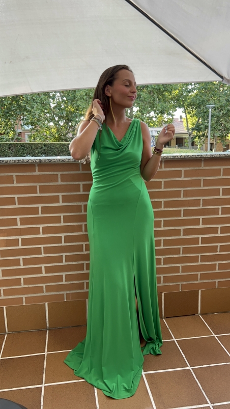 VESTIDO LISO LARGO ESCOTE DRAPEADO ESPALDA CRUZADA 5556