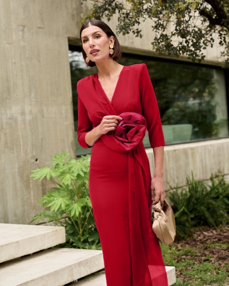 VESTIDO ROJO MANGA FRANCESA MIDI CINTO MARTA EN BRASIL M115