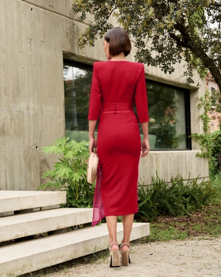 VESTIDO ROJO MANGA FRANCESA MIDI CINTO MARTA EN BRASIL M115