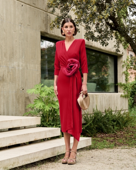 VESTIDO ROJO MANGA FRANCESA MIDI CINTO MARTA EN BRASIL M115