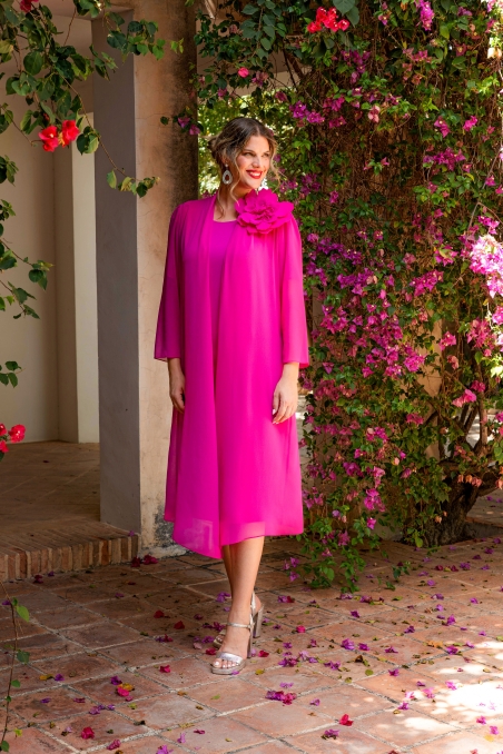 VESTIDO LISO CON KAFTAN Y FLOR 340006