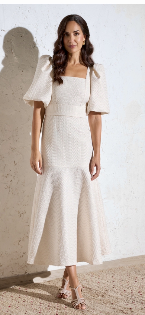 VESTIDO MIDI MANGA FAROL BROCADO INDOYA