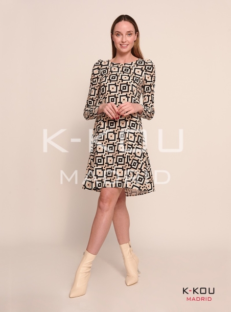 VESTIDO MANGA LARGA ABULLONADA GEOMETRICO COLMAR