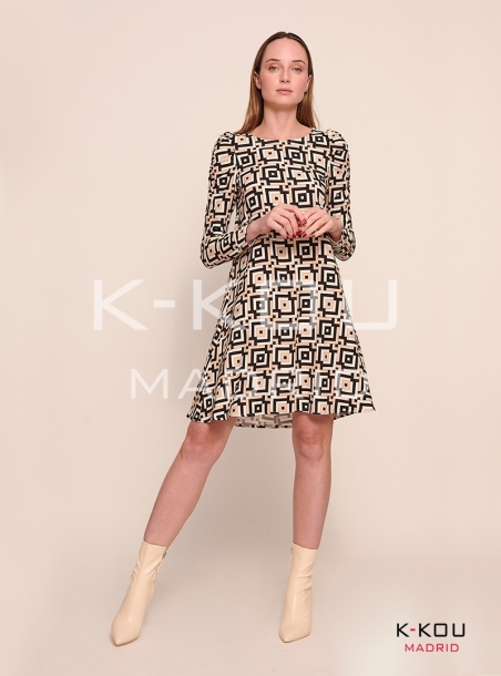 VESTIDO MANGA LARGA ABULLONADA GEOMETRICO COLMAR