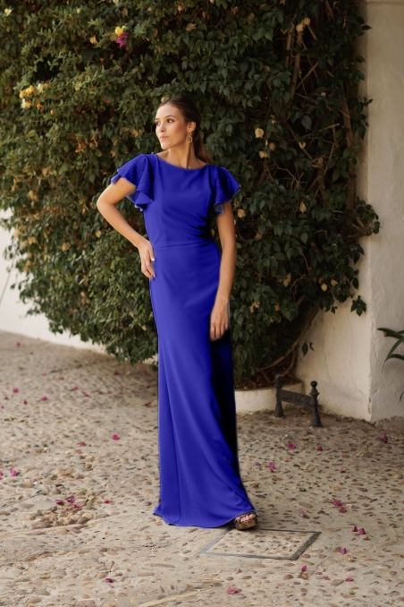 VESTIDO LISO LARGO MANGA VOLANTE LENTEJUELA 623031