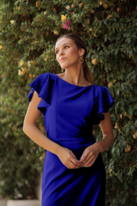 VESTIDO LISO LARGO MANGA VOLANTE LENTEJUELA 623031