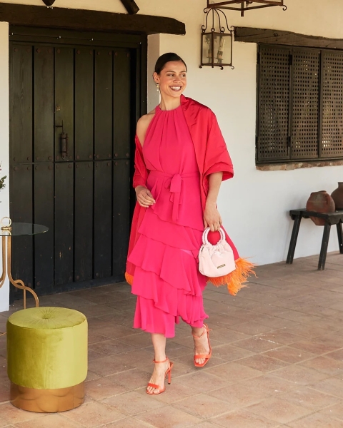 VESTIDO HALTER LISO VOLANTES MIDI LAMUSA