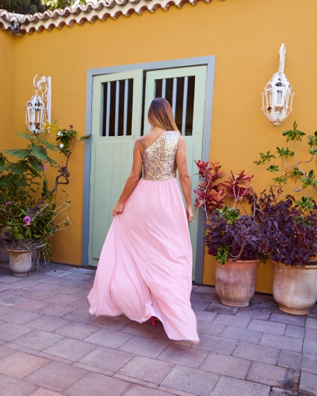 VESTIDO LARGO ABERTURA LENTEJUELAS HOMBRO MARTA EN BRAS J137