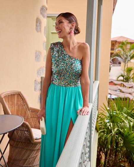 VESTIDO LARGO ABERTURA LENTEJUELAS HOMBRO MARTA EN BRAS J137