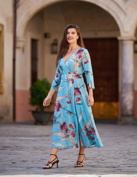 VESTIDO MANGA LARGA MIDI ESTAMPADO CRUZADO 6807