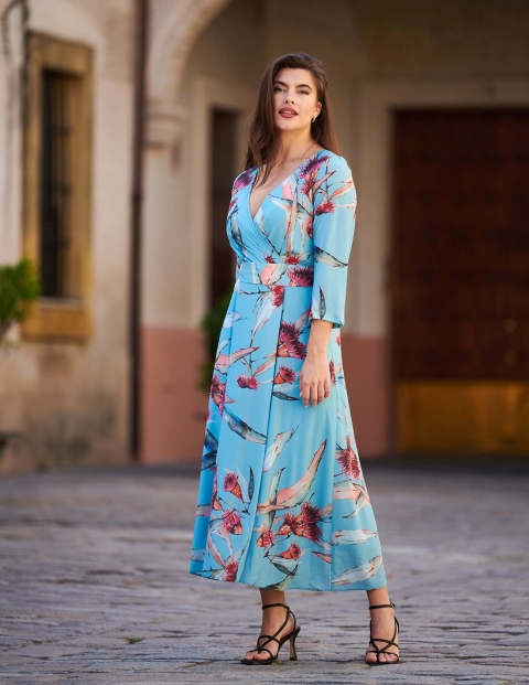 VESTIDO MANGA LARGA MIDI ESTAMPADO CRUZADO 6807