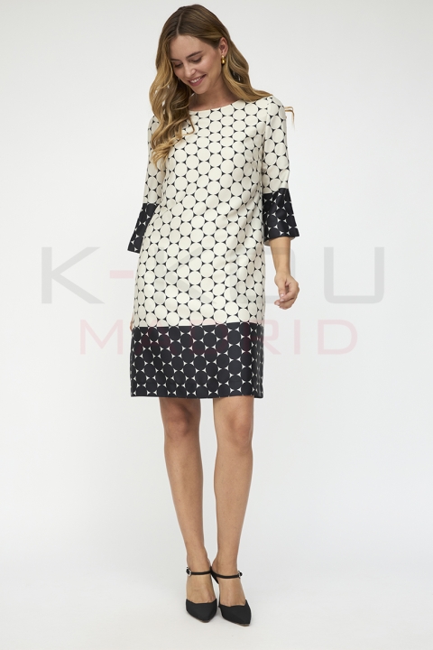 VESTIDO MANGA FRANCESA CIRCULOS EVASE K-KOU 30606AZUFRE 2