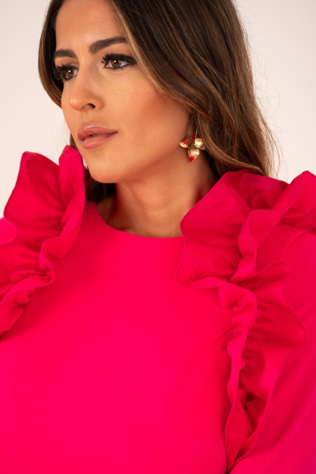 VESTIDO MIDI RECTO MANGA FRANCESA VOLANTES 8436