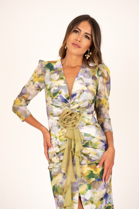 VESTIDO ESTAMPADO MIDI DRAPEADO 8461