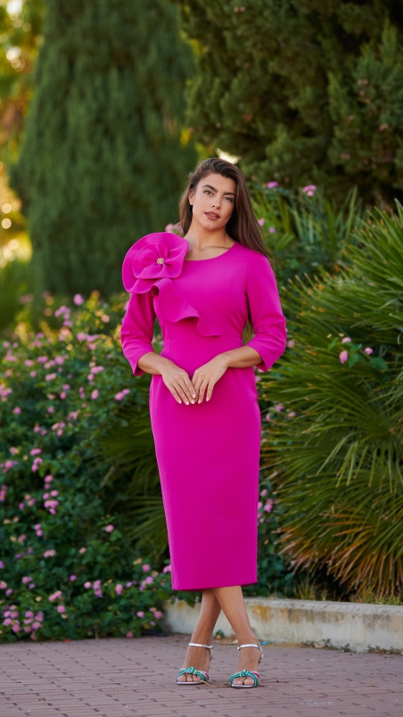 VESTIDO RECTO LISO MANGA FRANCESA FLOR 7802